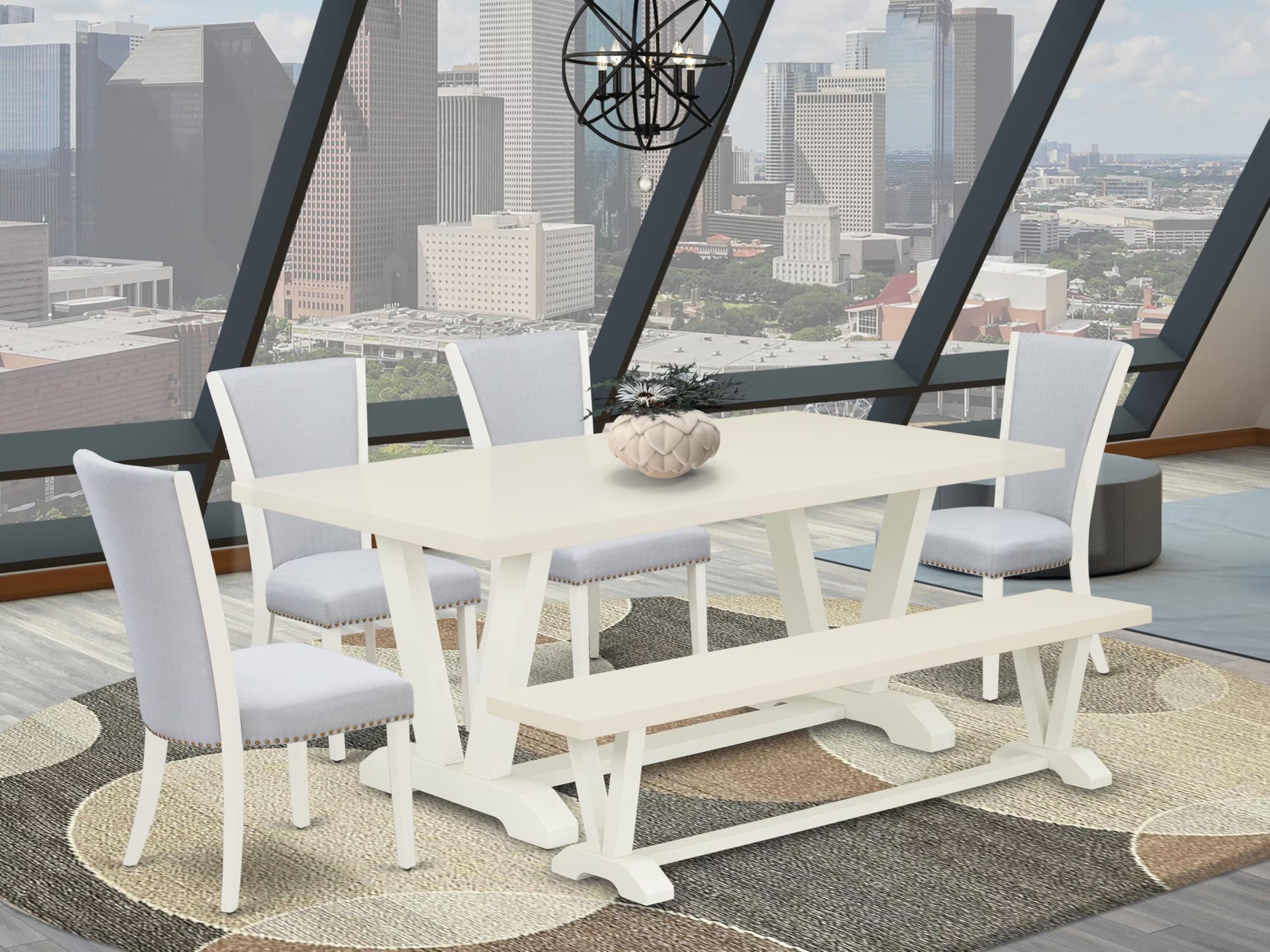 East West Furniture V027VE005-6 6 Piece Dining Table Set Contains a Rectangle Dining Room Table with V-Legs and 4 Grey Linen Fabric Parson Chairs with a Bench, 40x72 Inch, Multi-Color